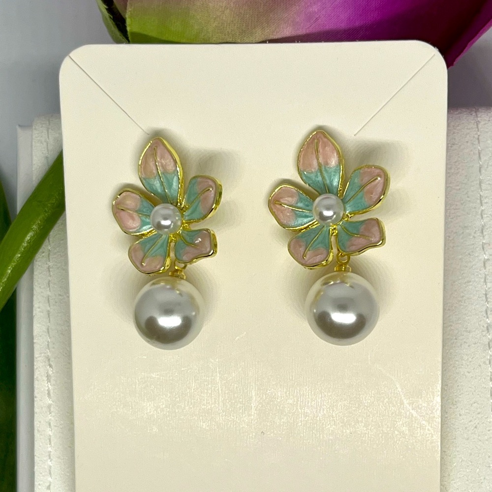 PINK & BLUE ENAMEL FLOWER EARRINGS